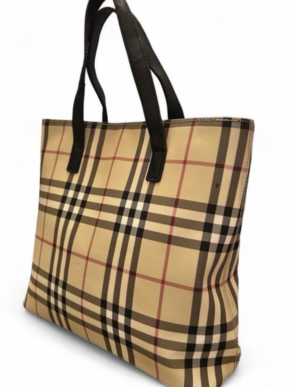 Burberry Beige Plaid Tote with Dark Brown Straps